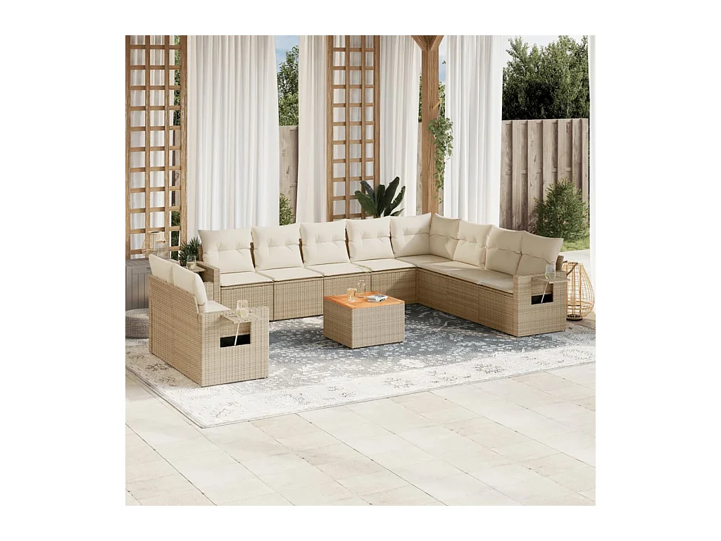 11-tlg. Garten-Sofagarnitur mit Kissen Beige Poly Rattan