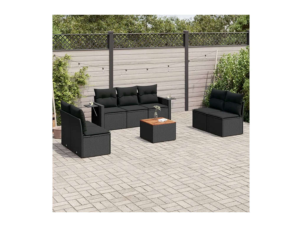 Set Divani da Giardino con Cuscini 8 pz Nero in Polyrattan