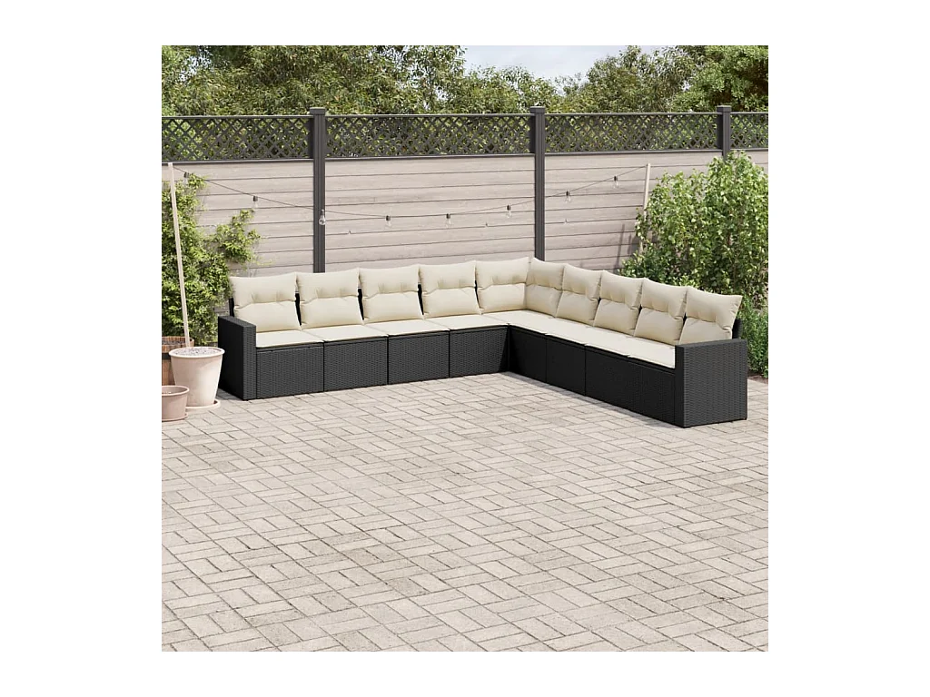 Salon de jardin 9 pcs avec coussins noir résine tressée