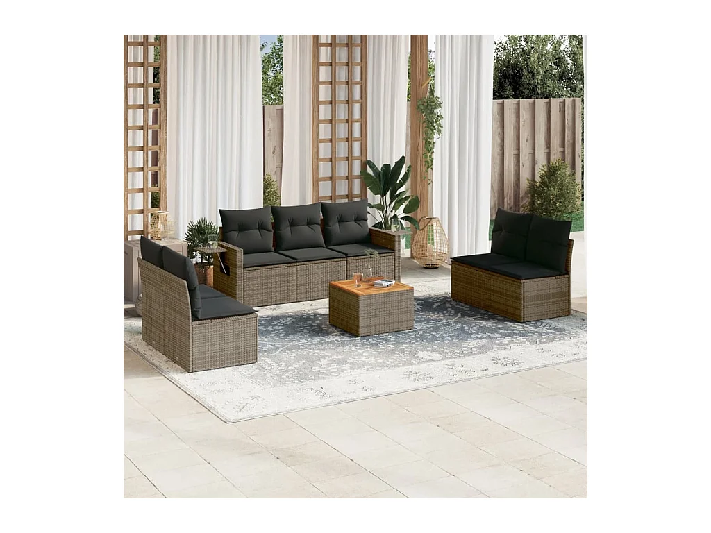 8-tlg. Garten-Sofagarnitur mit Kissen Grau Poly Rattan