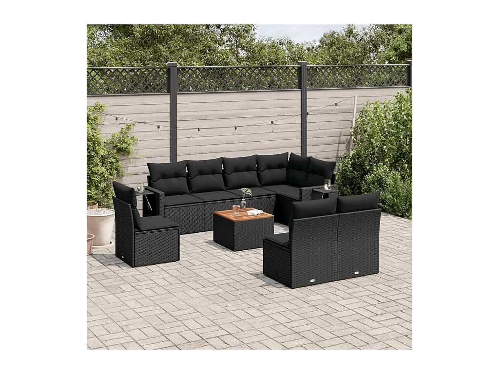 Salon de jardin 9 pcs avec coussins noir résine tressée