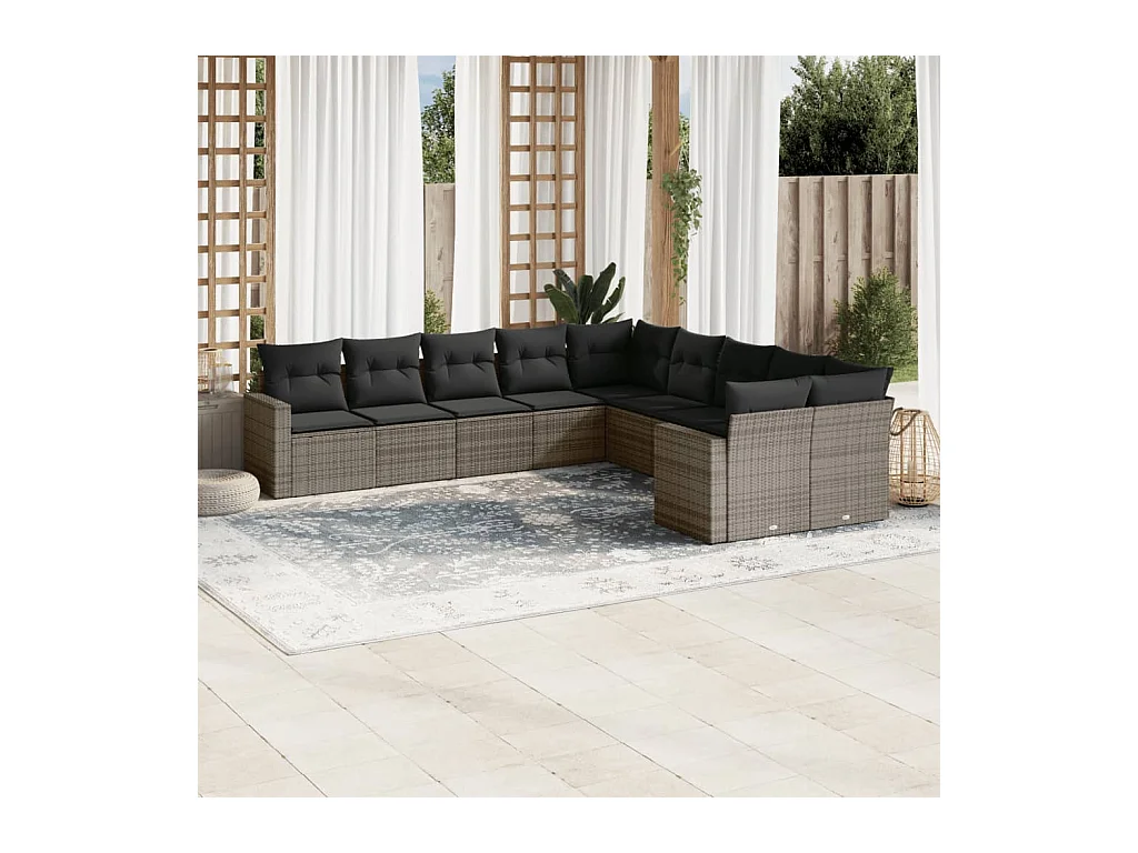 Salon de jardin avec coussins 10 pcs gris résine tressée