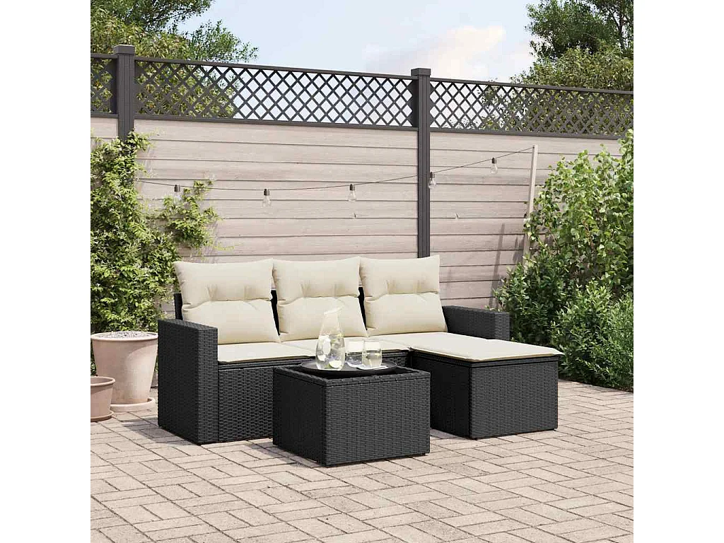 Salon de jardin 5 pcs avec coussins noir résine tressée