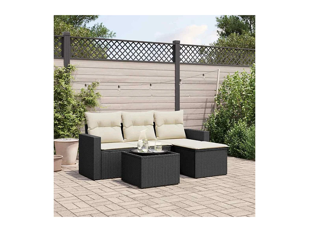 5 pcs conjunto sofás de jardim com almofadões vime PE preto