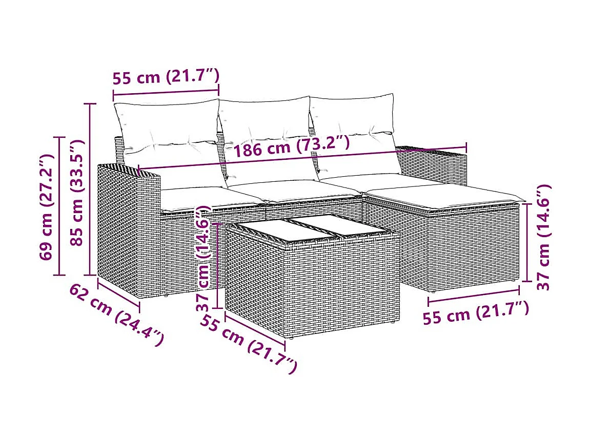 5-tlg. Garten-Sofagarnitur mit Kissen Schwarz Poly Rattan