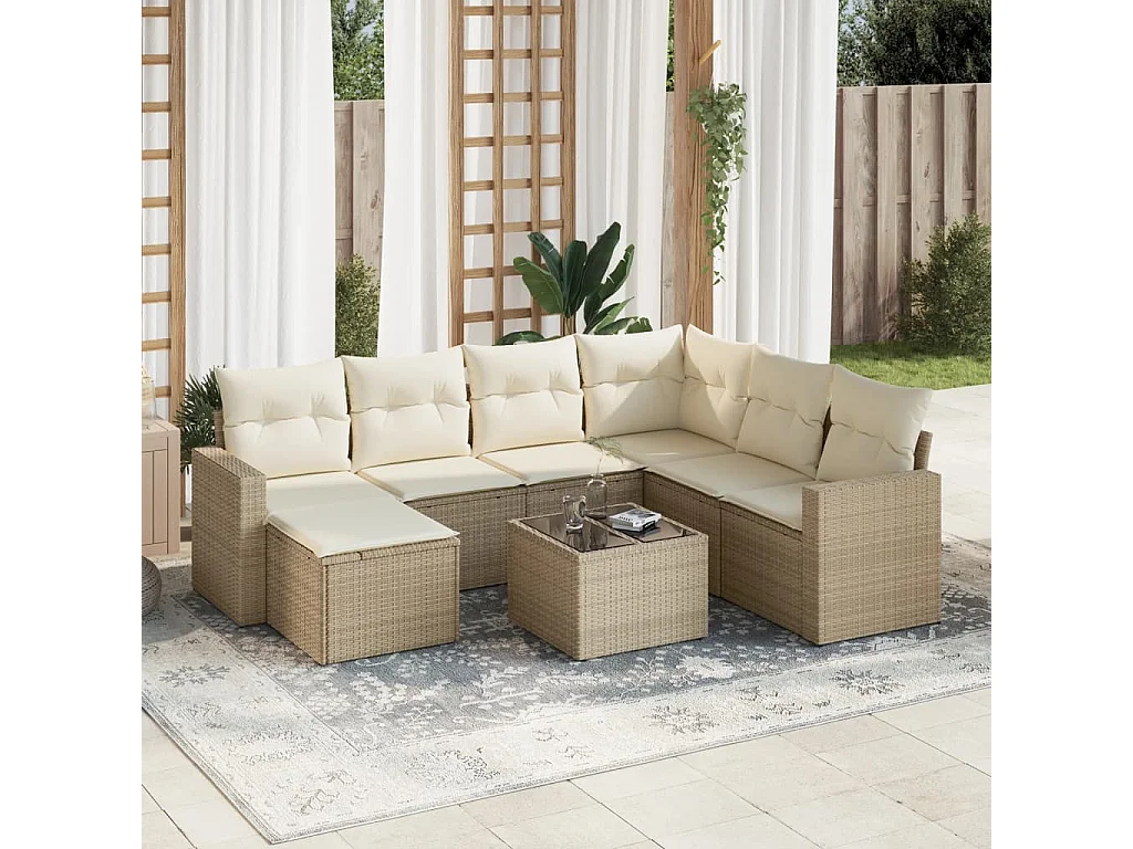 8-tlg. Garten-Sofagarnitur mit Kissen Beige Poly Rattan