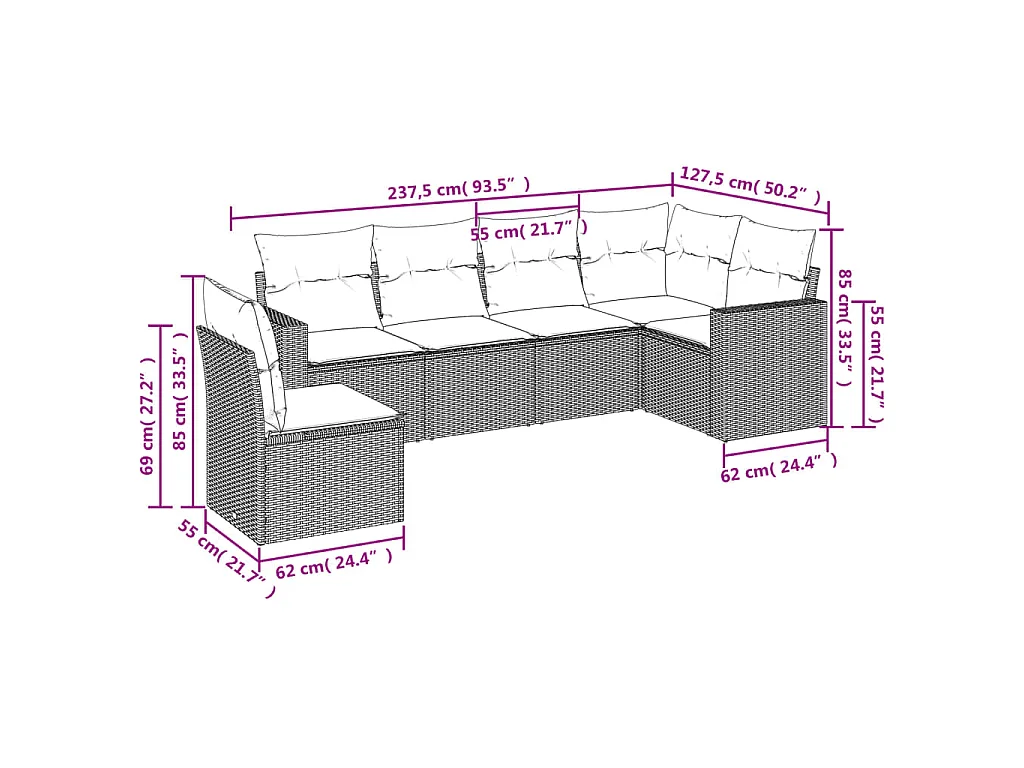 Salon de jardin 6 pcs avec coussins noir résine tressée