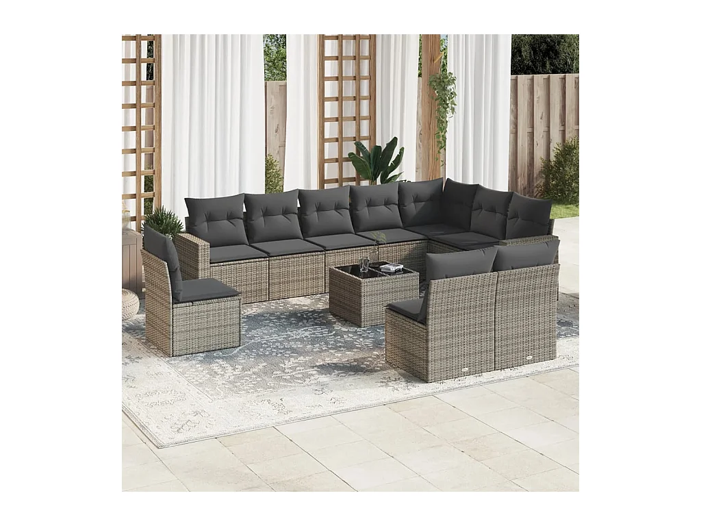 Salon de jardin 11 pcs avec coussins gris résine tressée