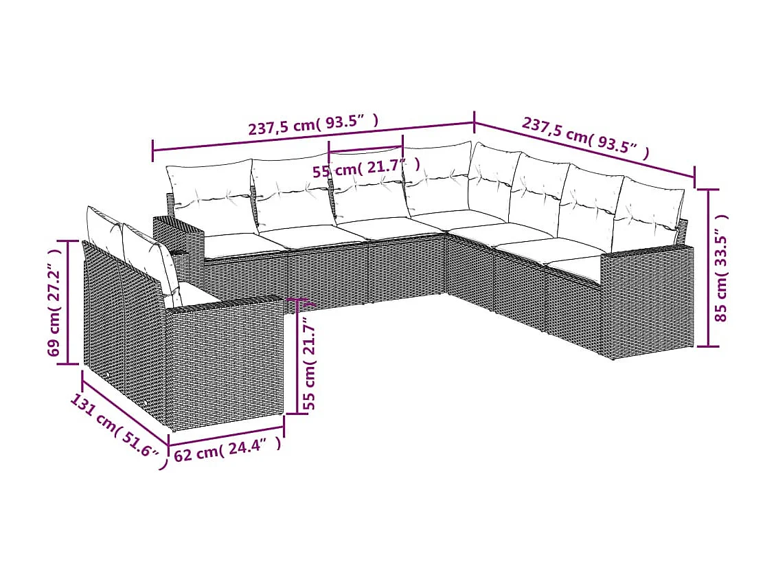 9-tlg. Garten-Sofagarnitur mit Kissen Schwarz Poly Rattan