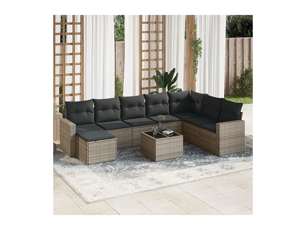 Salon de jardin 9 pcs avec coussins gris résine tressée