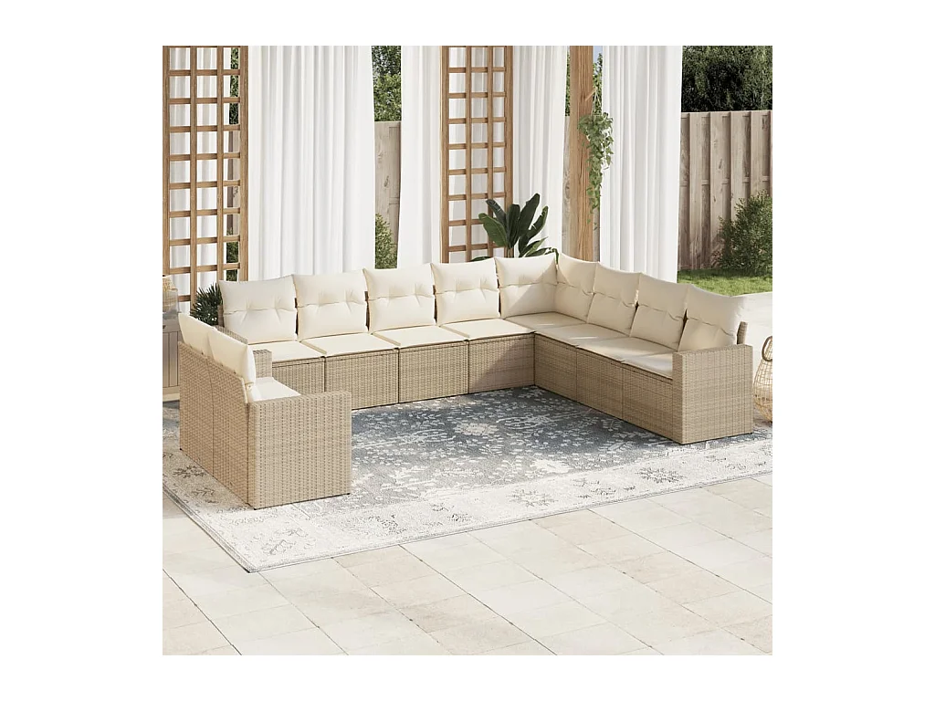 10-delige Loungeset met kussens poly rattan beige