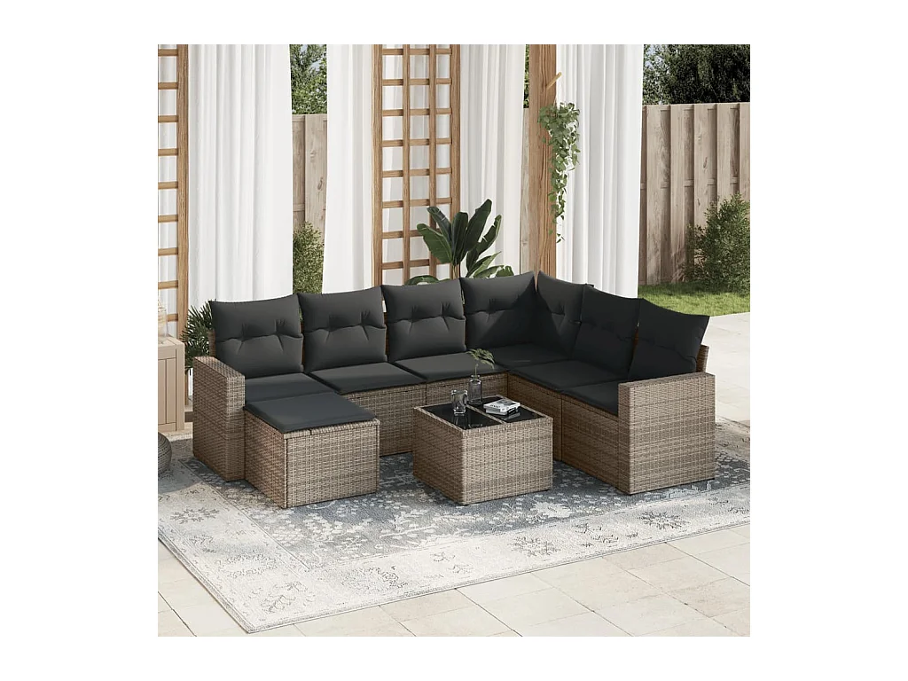 Salon de jardin 8 pcs avec coussins gris résine tressée