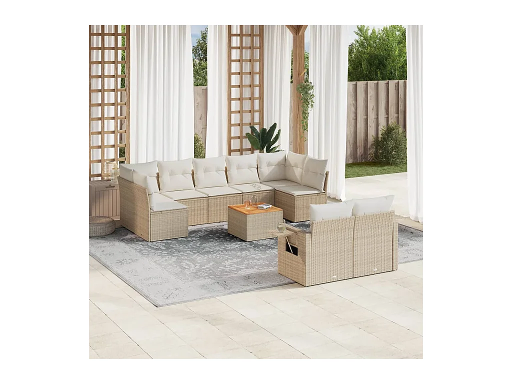 10-delige Loungeset met kussens poly rattan beige