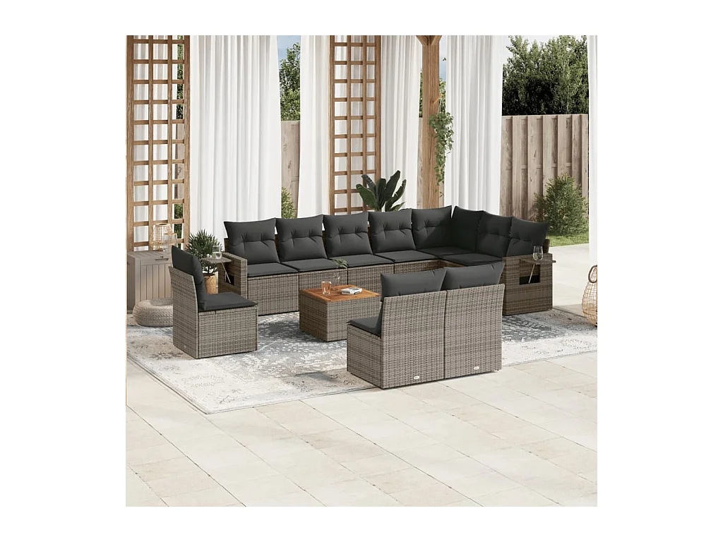 11-tlg. Garten-Sofagarnitur mit Kissen Grau Poly Rattan