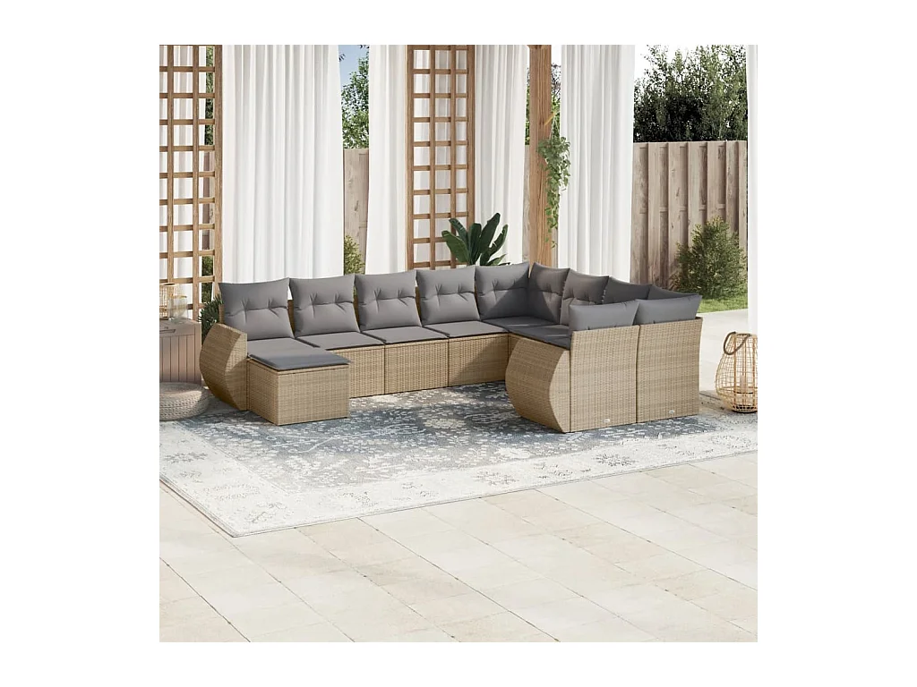 Set Divano da Giardino 10 pz con Cuscini Beige in Polyrattan