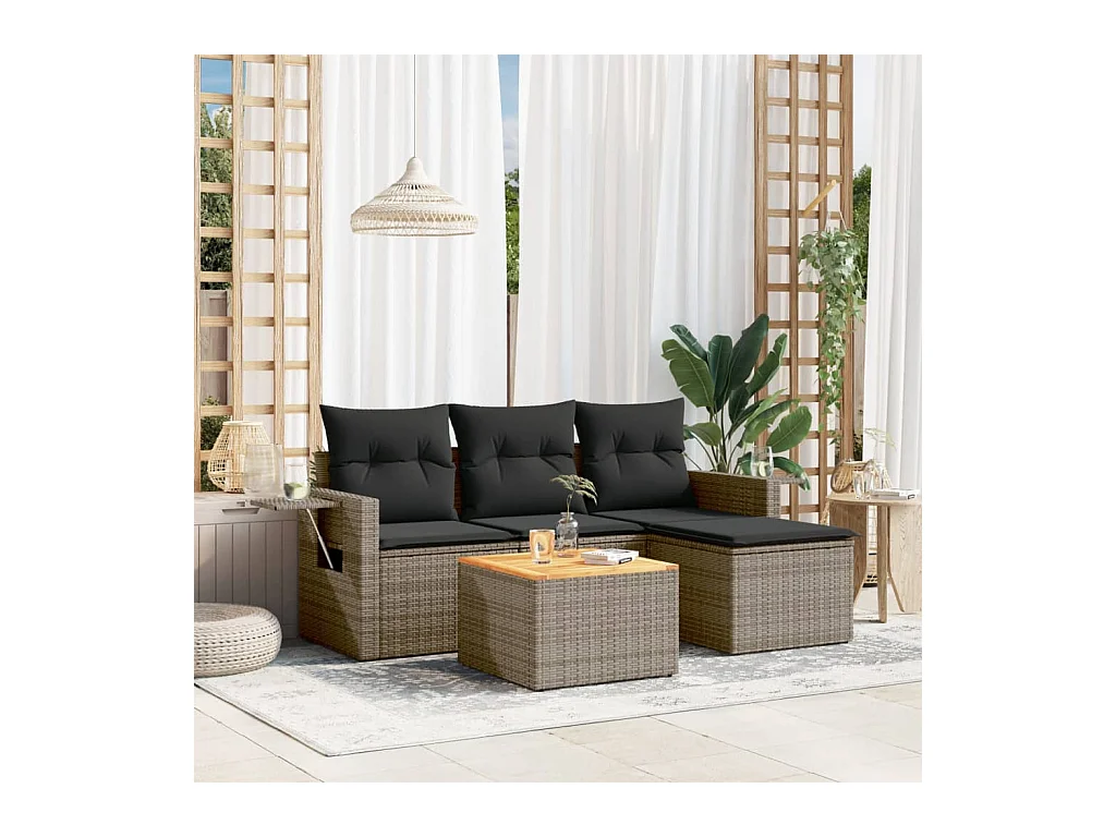 Salon de jardin 5 pcs avec coussins gris résine tressée