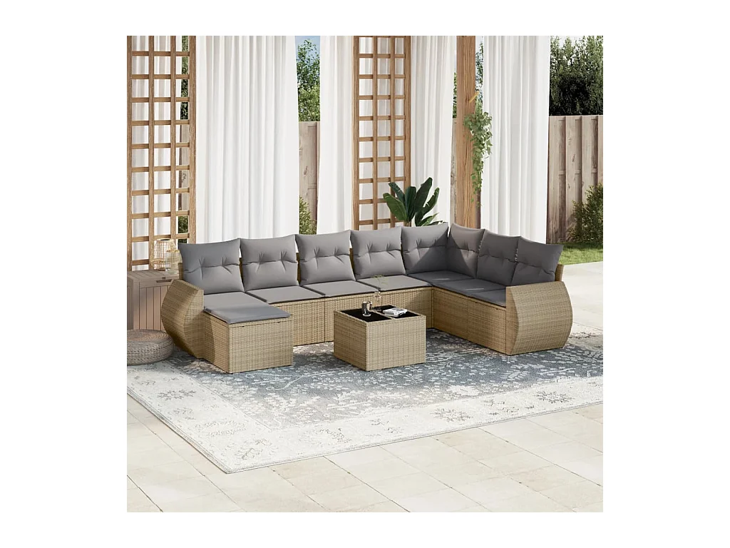 9-delige Loungeset met kussens poly rattan beige