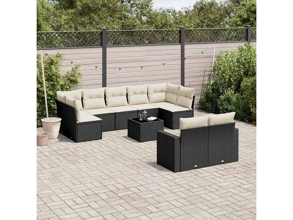 10-delige Loungeset met kussens poly rattan zwart