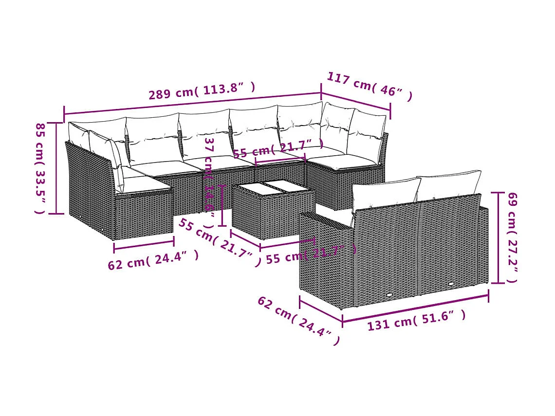 10-delige Loungeset met kussens poly rattan zwart