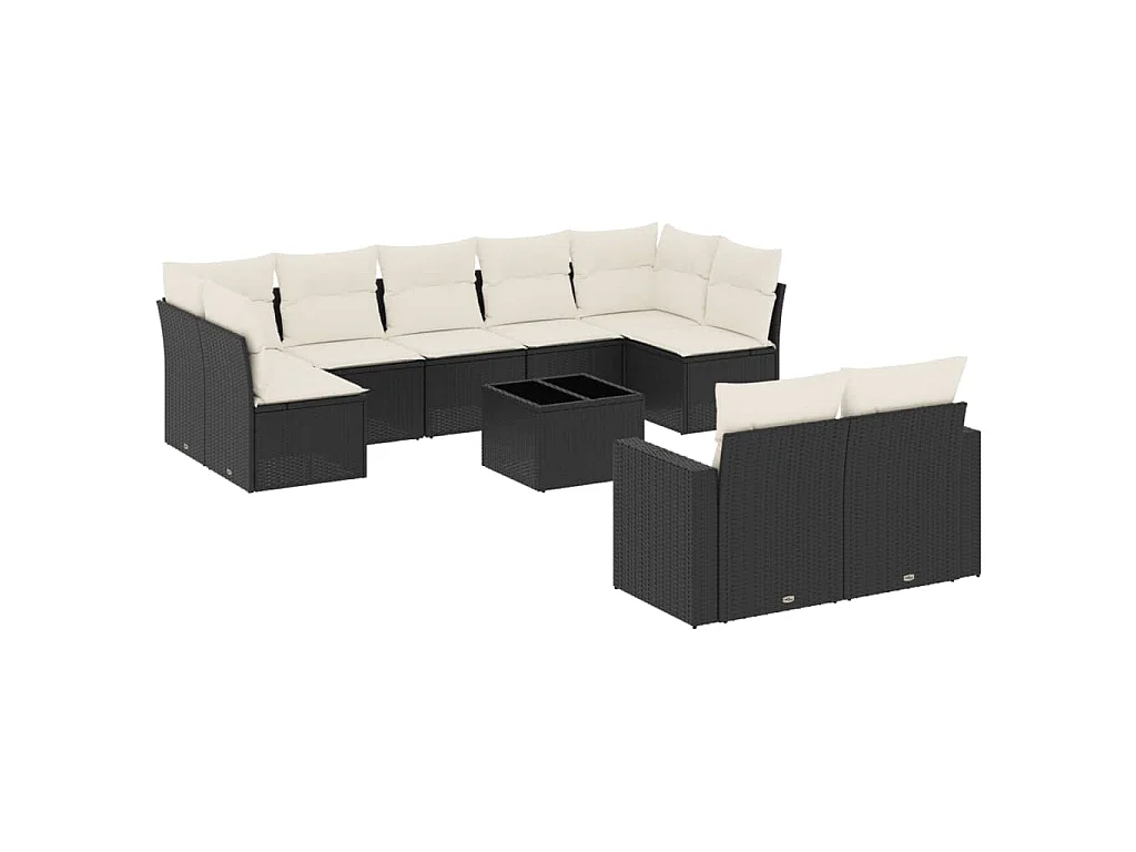 10-delige Loungeset met kussens poly rattan zwart
