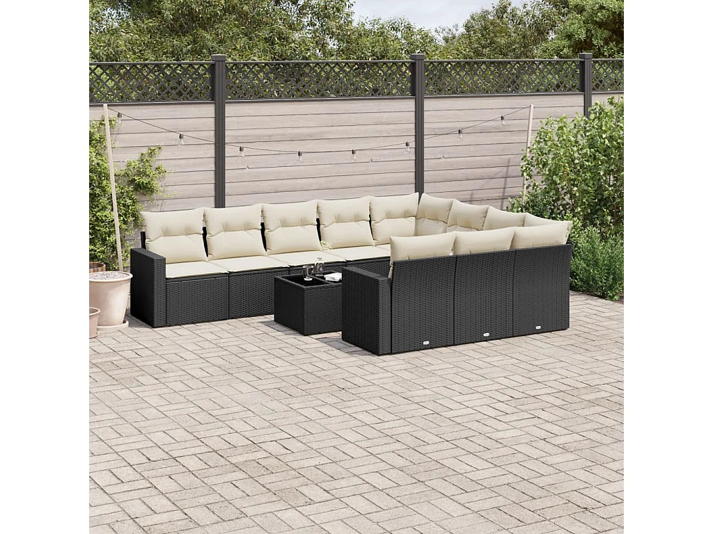 11-delige Loungeset met kussens poly rattan zwart