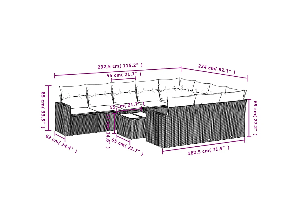 11-delige Loungeset met kussens poly rattan zwart