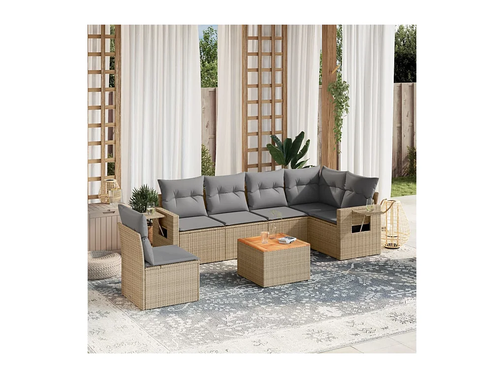 Set Divani da Giardino 7 pz con Cuscini Beige in Polyrattan