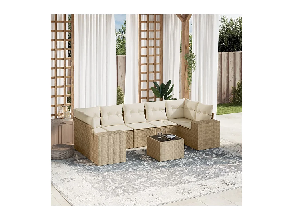 Set Divano da Giardino 8 pz con Cuscini Beige in Polyrattan