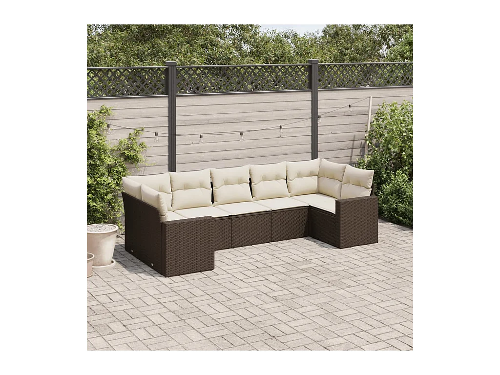 Salon de jardin avec coussins 7 pcs marron résine tressée