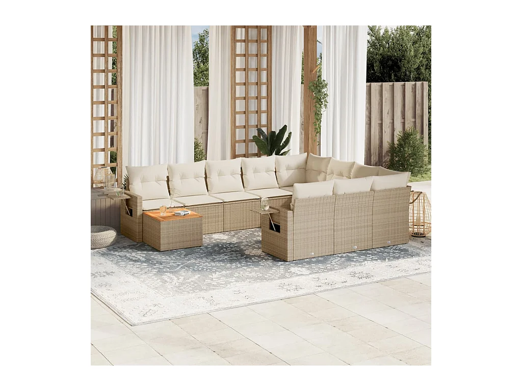 Salon de jardin 11 pcs avec coussins beige résine tressée