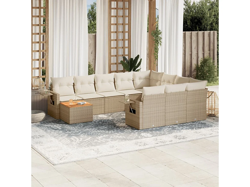 11-delige Tuinset met kussens poly rattan beige