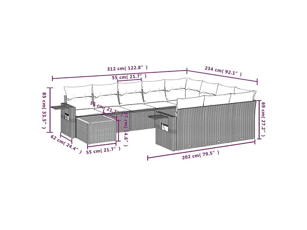 11-delige Tuinset met kussens poly rattan beige
