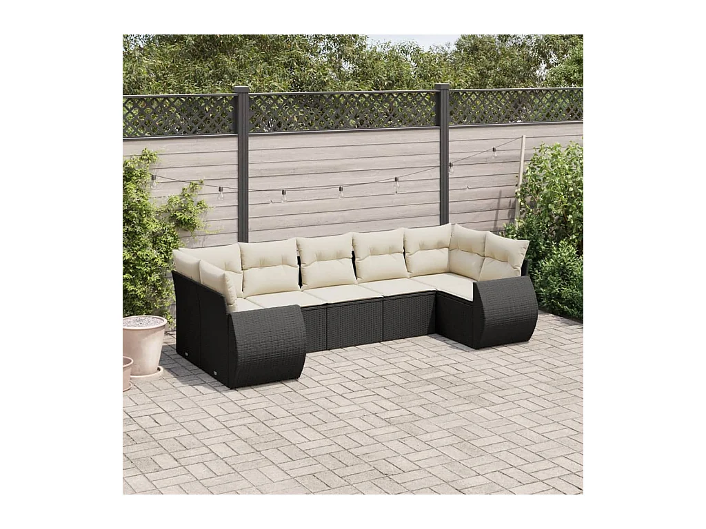 Salon de jardin 7 pcs avec coussins noir résine tressée