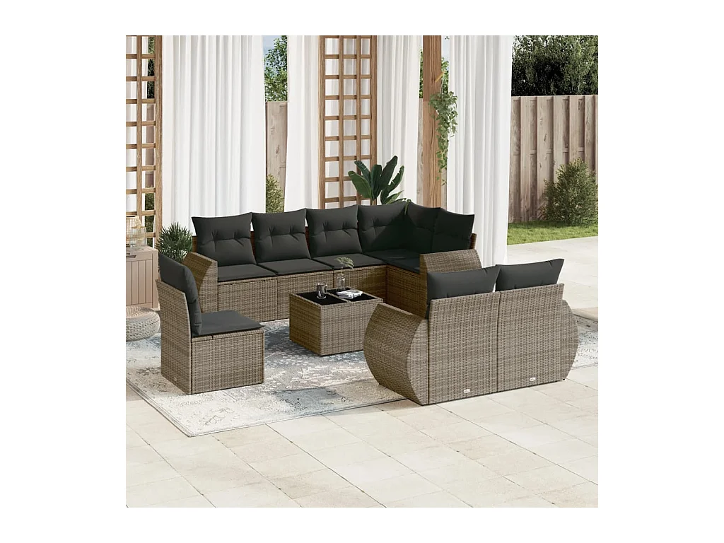 Set Divano da Giardino 9 pz con Cuscini Grigio in Polyrattan