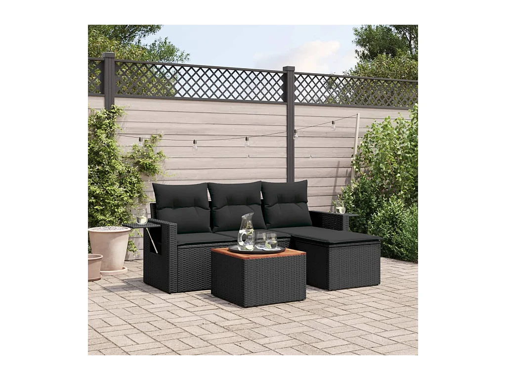 Salon de jardin 5 pcs avec coussins noir résine tressée