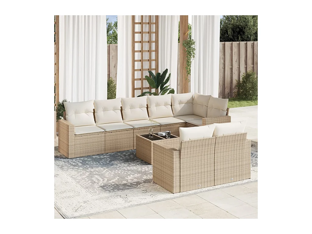 Salon de jardin avec coussins 9 pcs beige résine tressée