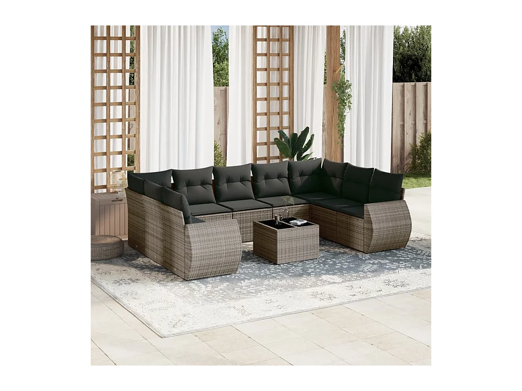 Salon de jardin avec coussins 10 pcs gris résine tressée