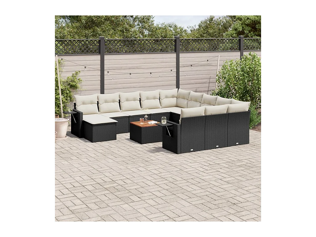 Salon de jardin avec coussins 13 pcs noir résine tressée