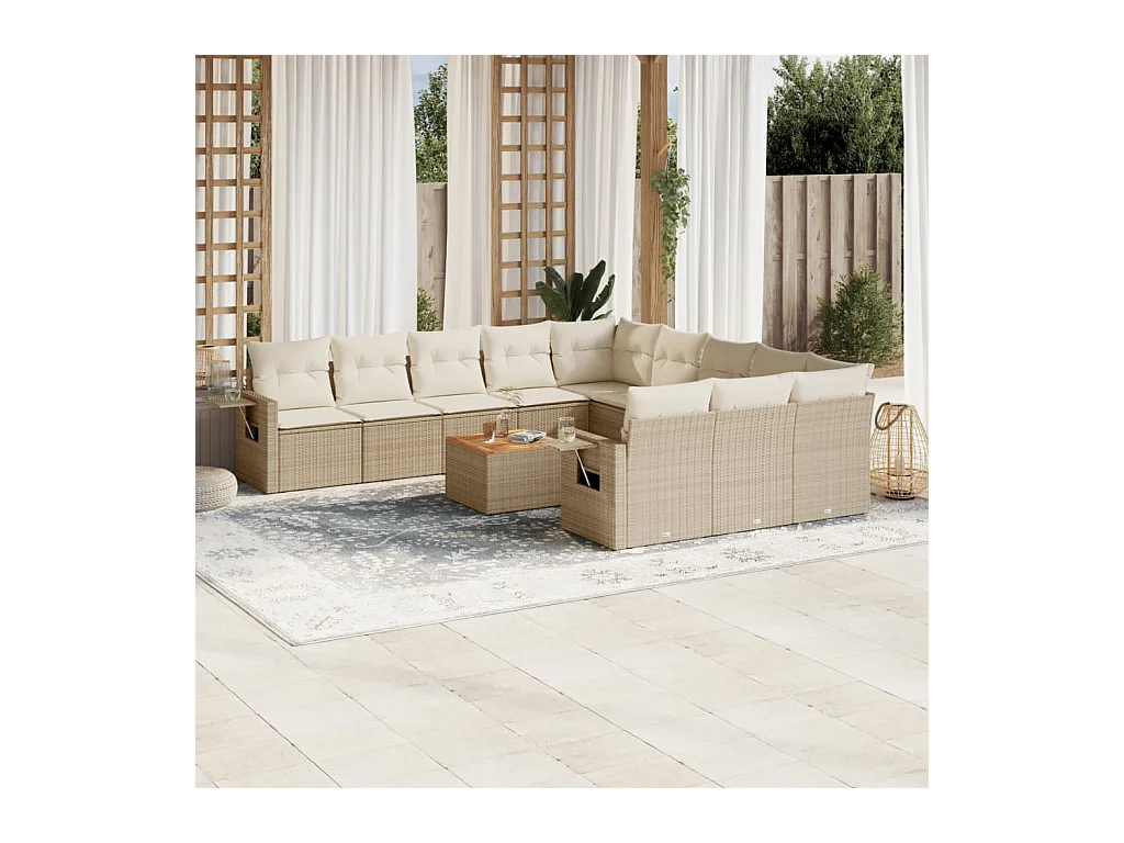 Salon de jardin avec coussins 12 pcs beige résine tressée