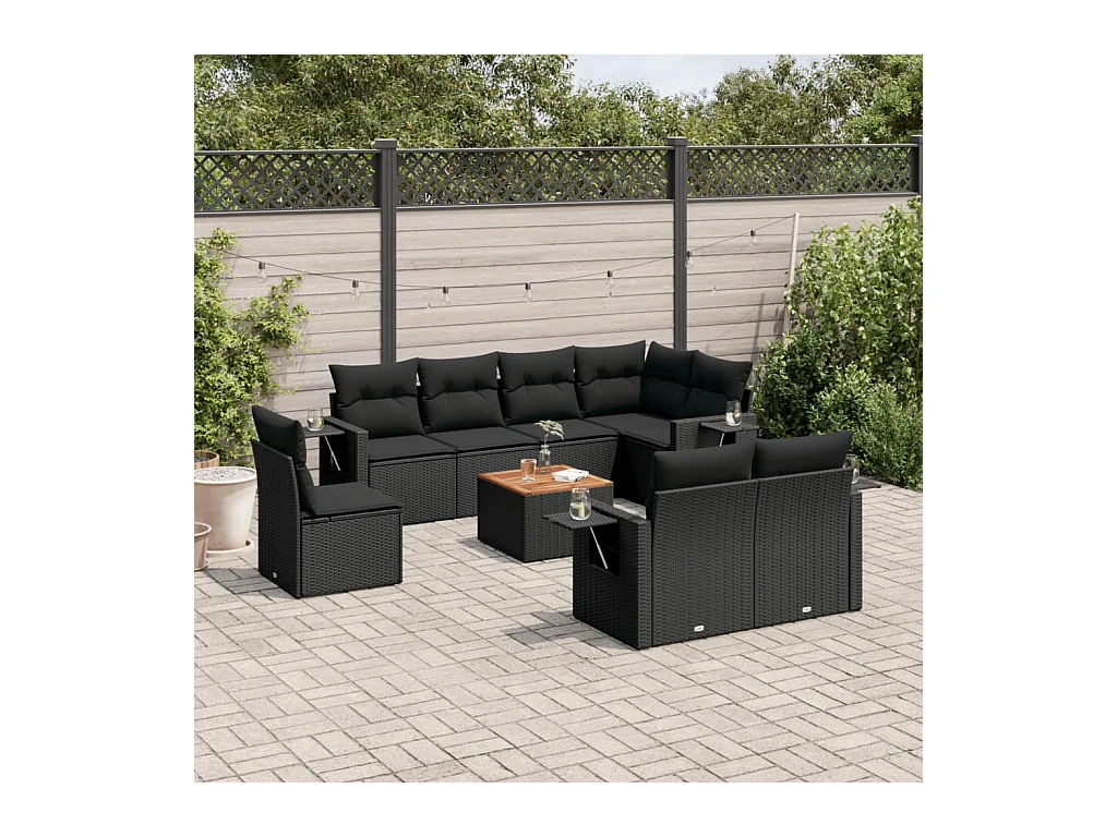 Set Divani da Giardino 9 pz con Cuscini Nero in Polyrattan