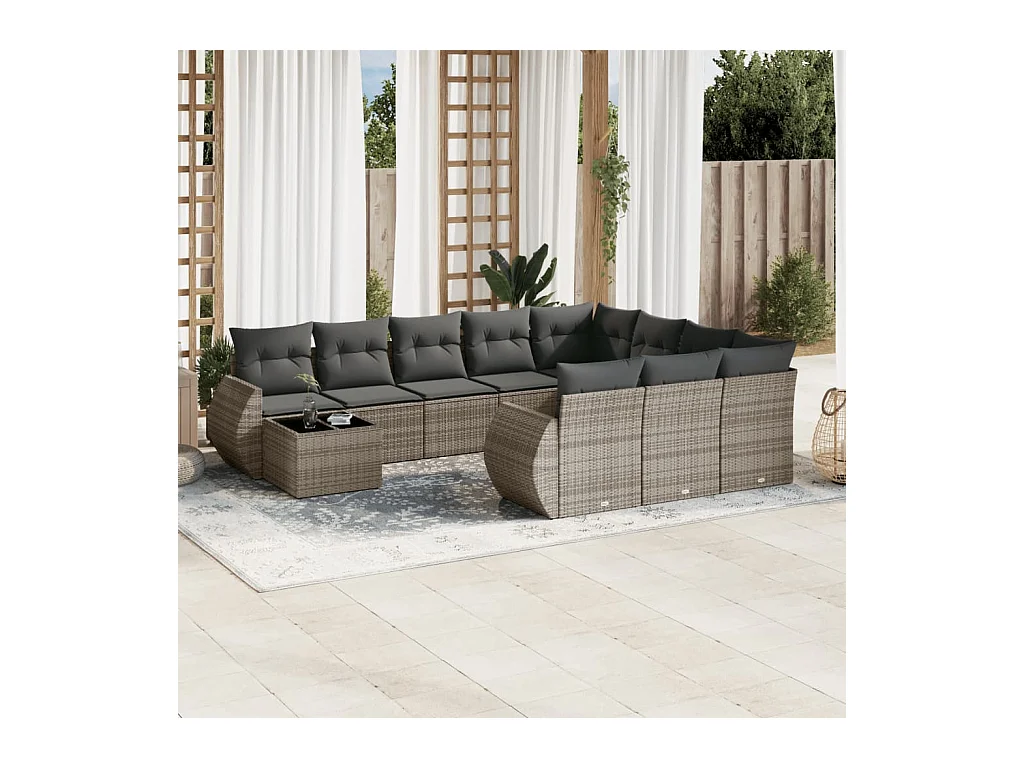 11-tlg. Garten-Sofagarnitur mit Kissen Grau Poly Rattan