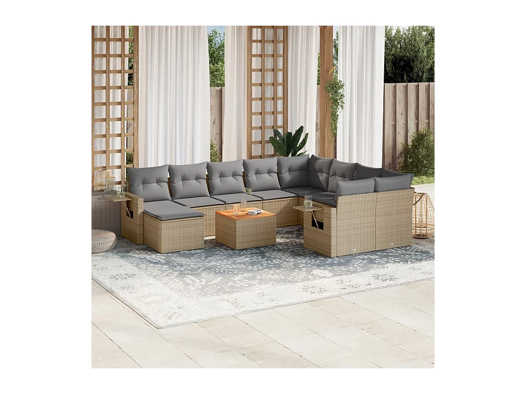 Set Divani da Giardino 11 pz con Cuscini Beige in Polyrattan