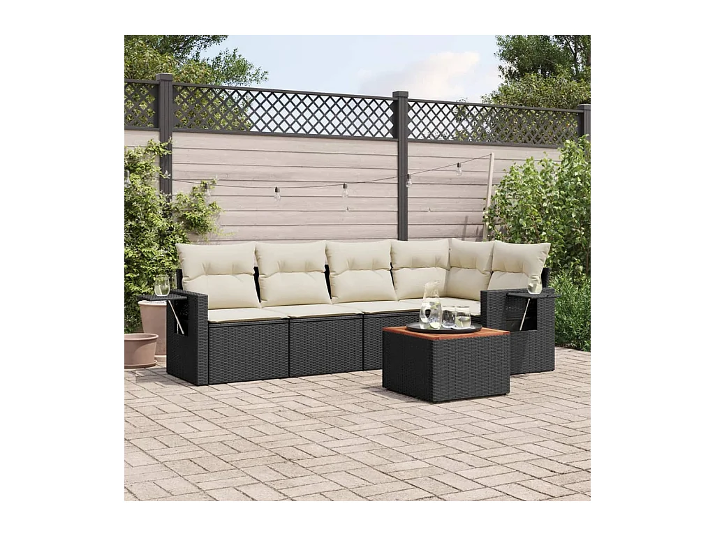 6-delige Loungeset met kussens poly rattan zwart