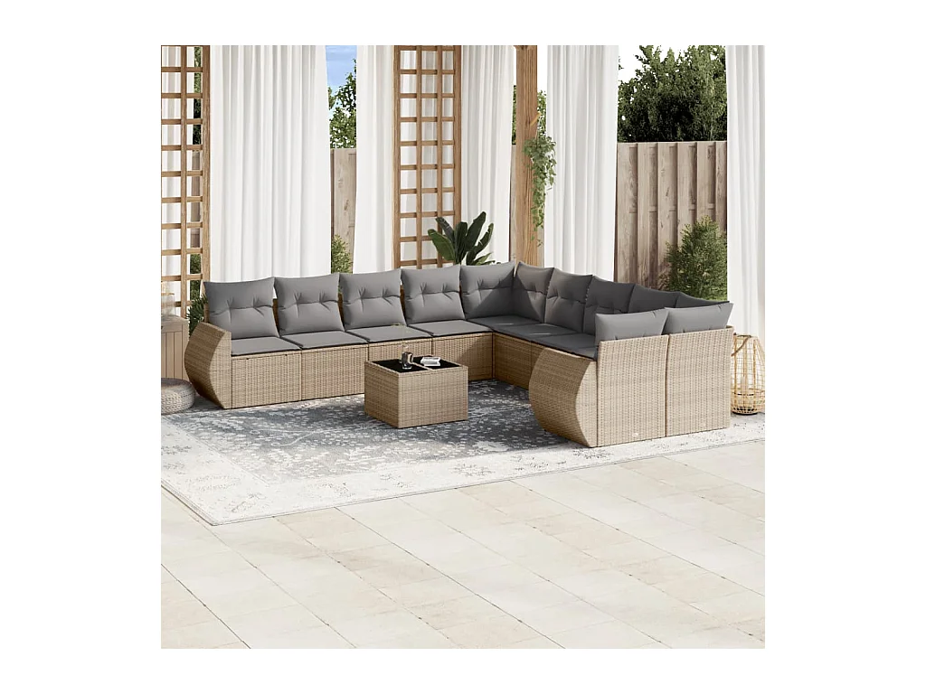Salon de jardin 11 pcs avec coussins beige résine tressée
