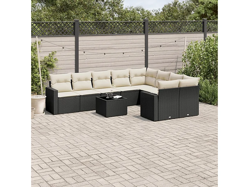 10-delige Loungeset met kussens poly rattan zwart