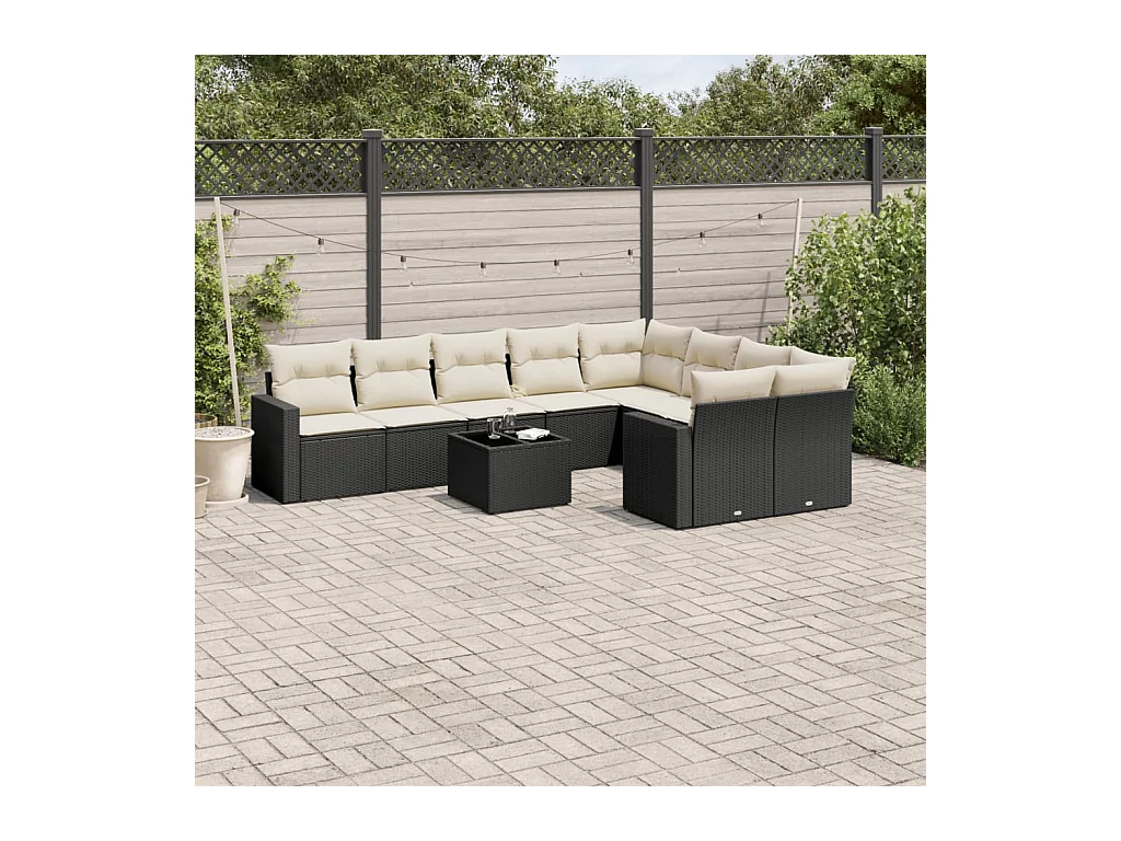 Salon de jardin 10 pcs avec coussins noir résine tressée