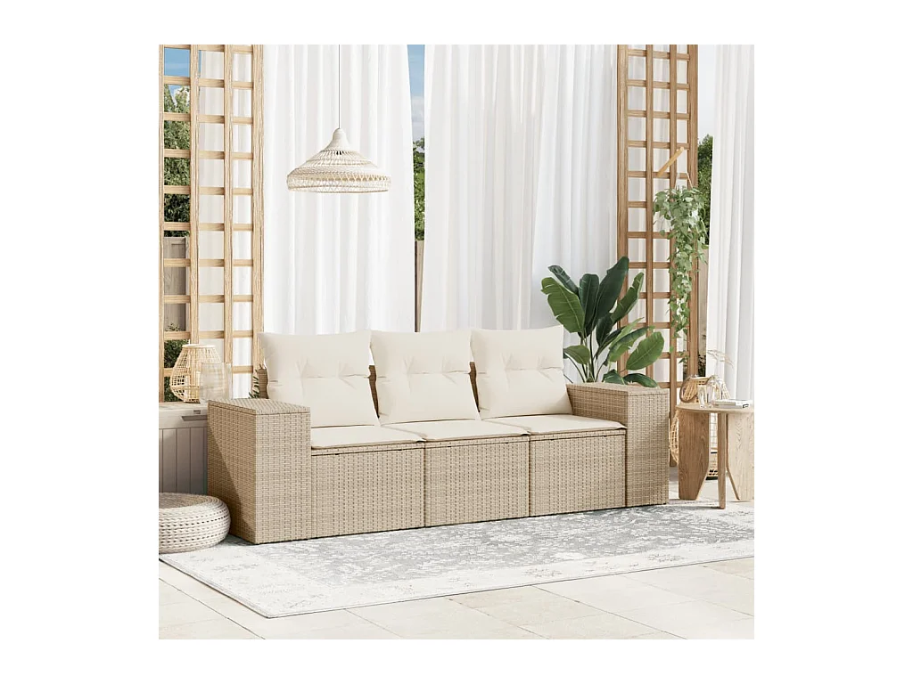 Salon de jardin avec coussins 3 pcs beige résine tressée