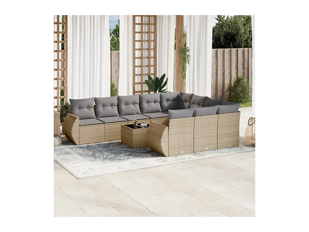 11-delige Tuinset met kussens poly rattan beige