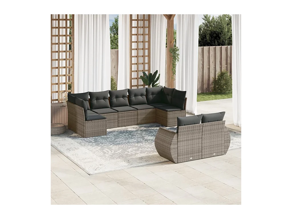 Salon de jardin 9 pcs avec coussins gris résine tressée