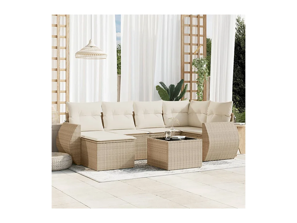 7-delige Loungeset met kussens poly rattan beige